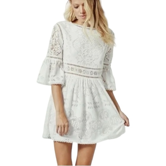 SPELL & THE GYPSY Clover Lace Mini Dress XS Gently Flared Sleeves Boho coquette - Picture 3 of 16